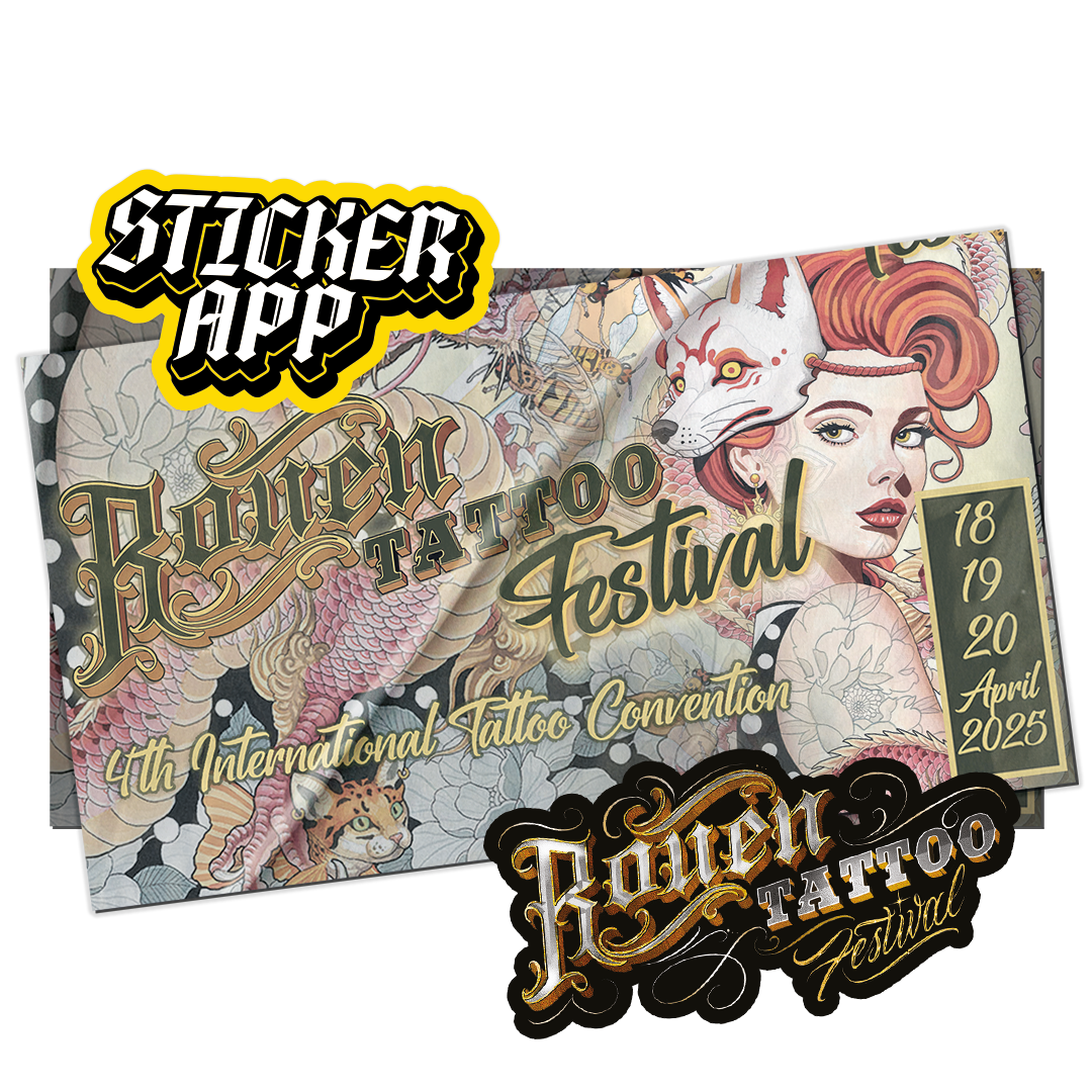 Plakat des Rouen Tattoo Festival 2025 mit StickerApp-Aufkleber und Aufkleber mit goldenem Festival-Logo