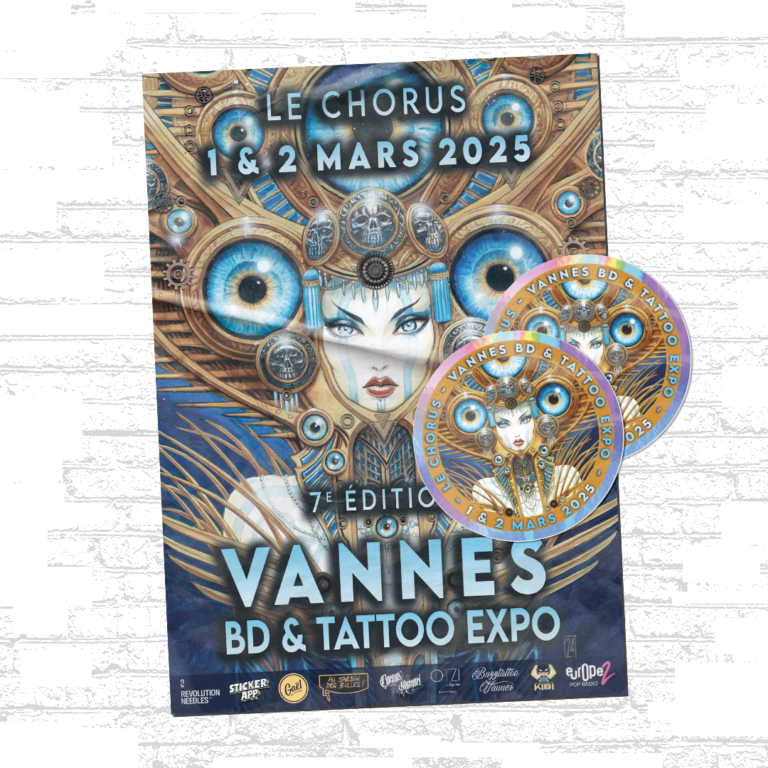 Plakat der Vannes BD & Tattoo Expo 2025 mit passenden runden holografischen Aufklebern