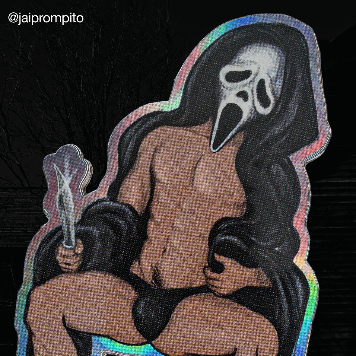 Nahaufnahme eines holografischen konturgeschnittenen Aufklebers: Mann mit Ghostface-Maske in schwarzem Slip mit Messer, von @jaiprompito