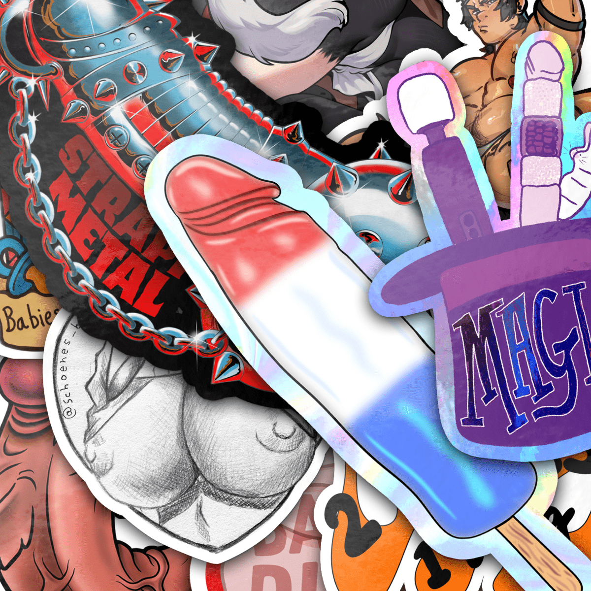 Collage aus NSFW-Stickerdesigns der Community aus dem Rückblick Juli 2025, u. a. "Strapp Metal", ein phallisches Eis am Stiel und ein "Magic"-Hut