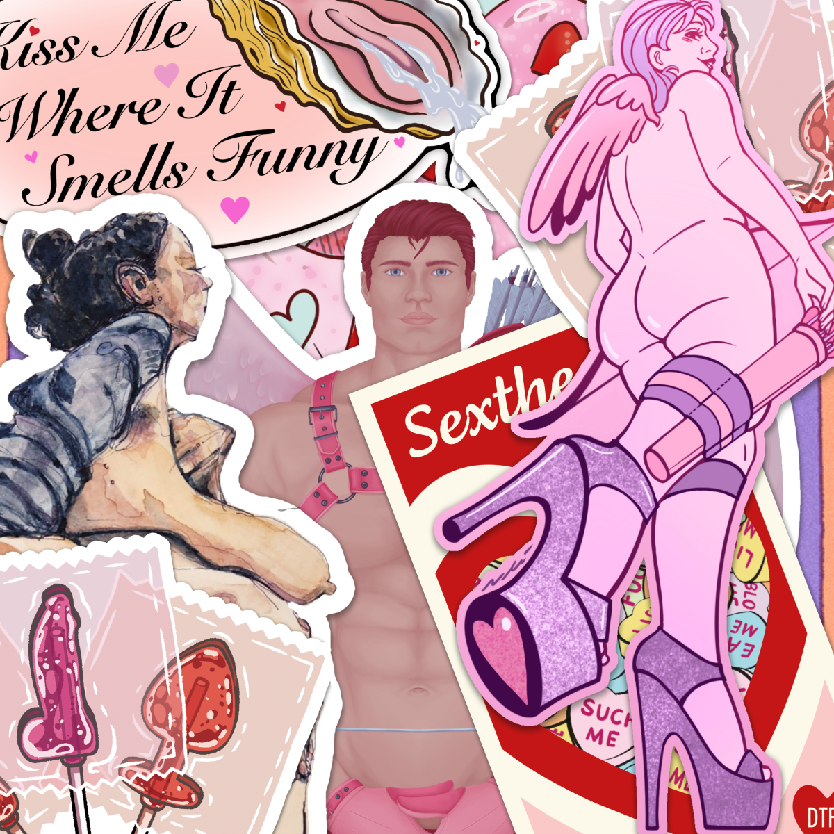 Collage aus NSFW-Aufklebern zum Valentinstag mit rosa nacktem Amor in Glitzer-Heels, "Kiss me where it smells funny" und "Sexthearts"