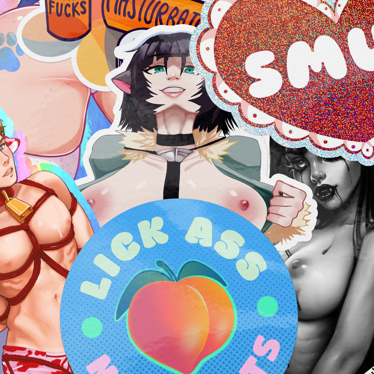 Collage aus NSFW-Stickerdesigns der Community aus dem Rückblick Mai 2025, u. a. die Sticker "Lick ass not boots" und "Smut"
