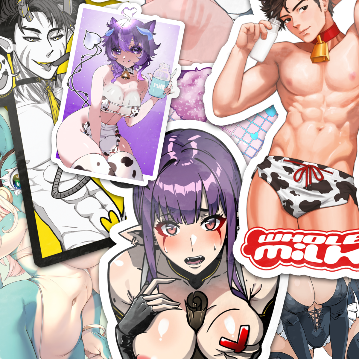Collage aus NSFW-Stickerdesigns der Community aus dem Rückblick August 2025, u. a. "Whole milk" und ein Kuhmädchen mit Milchflasche