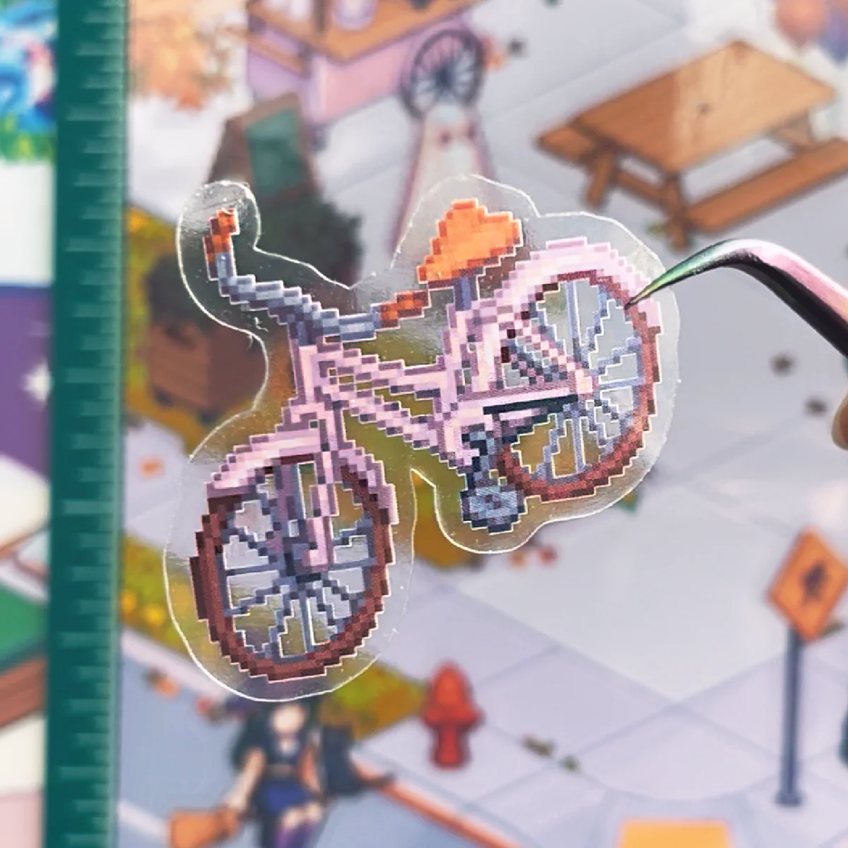 Transparenter Fahrrad-Aufkleber in Pixel-Art, mit einer Pinzette gehalten