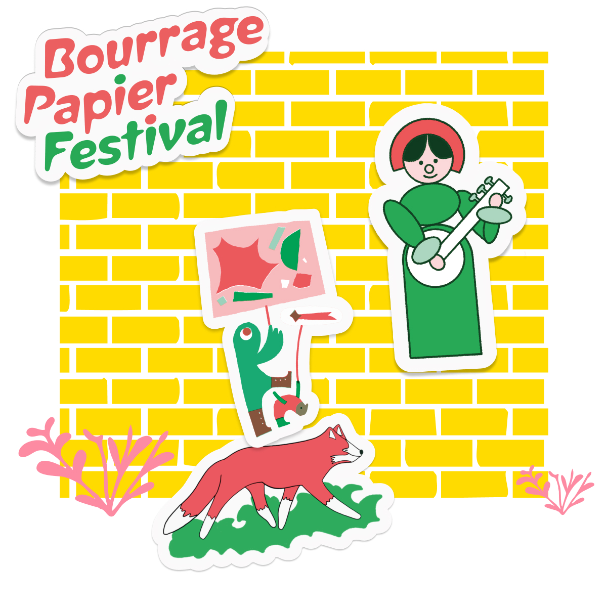 Aufkleber vom Bourrage Papier Festival mit Fuchs, Banjospielerin und Figur mit Schild vor gelber Backsteinwand