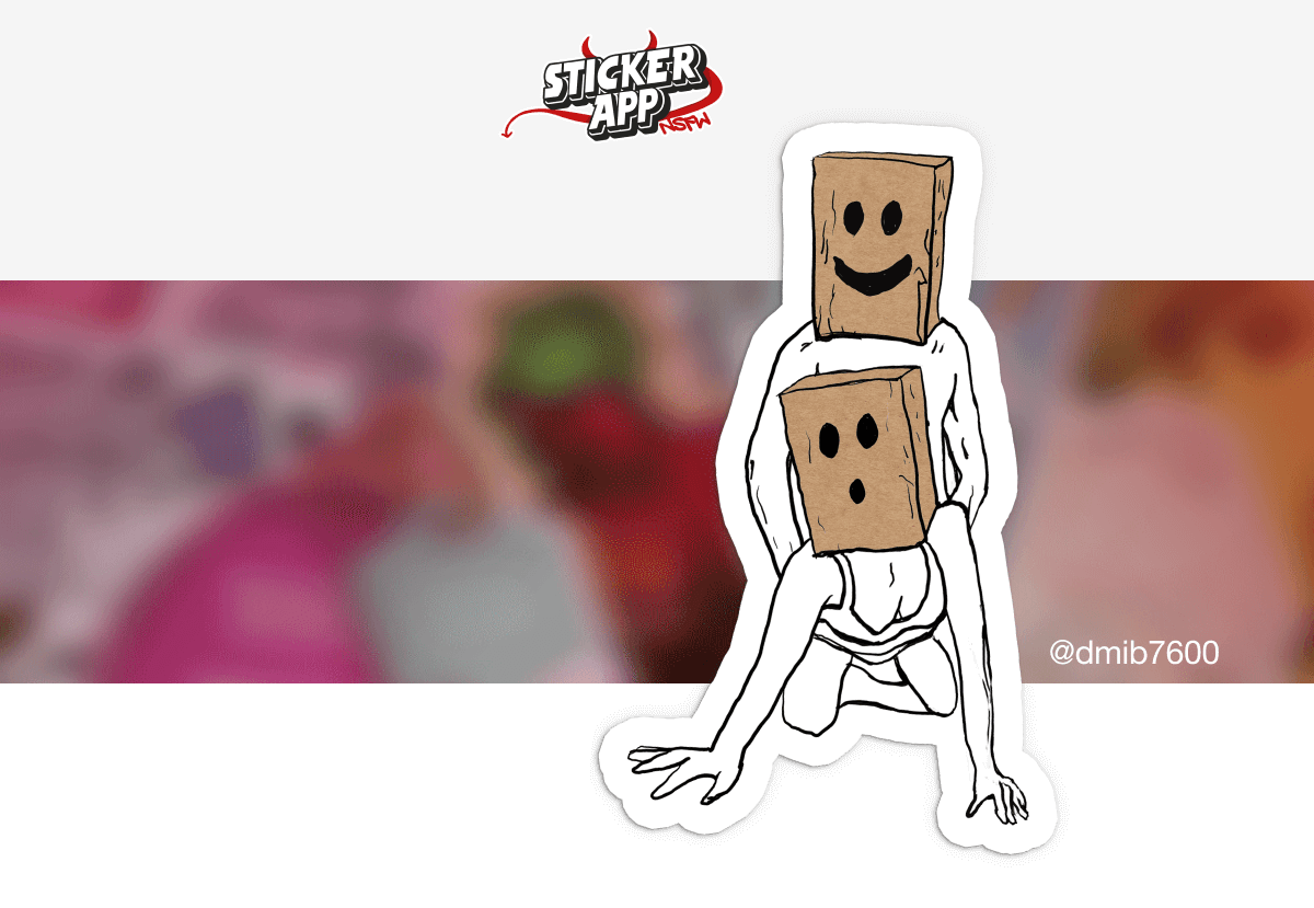 StickerApp NSFW-Logo mit dem Gewinner-Sticker von @dmib7600: ein Paar beim Sex mit Smiley-Papiertüten über dem Kopf