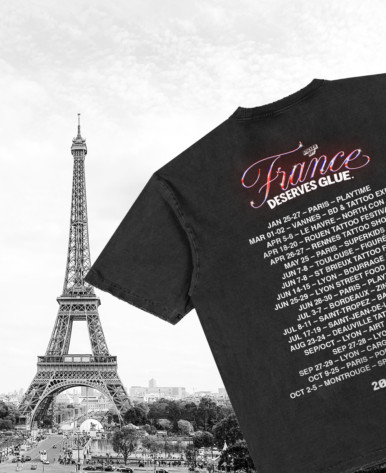 Eiffelturm neben einem schwarzen "France Deserves Glue"-Tour-T-Shirt mit Eventterminen 2025, mobile Version