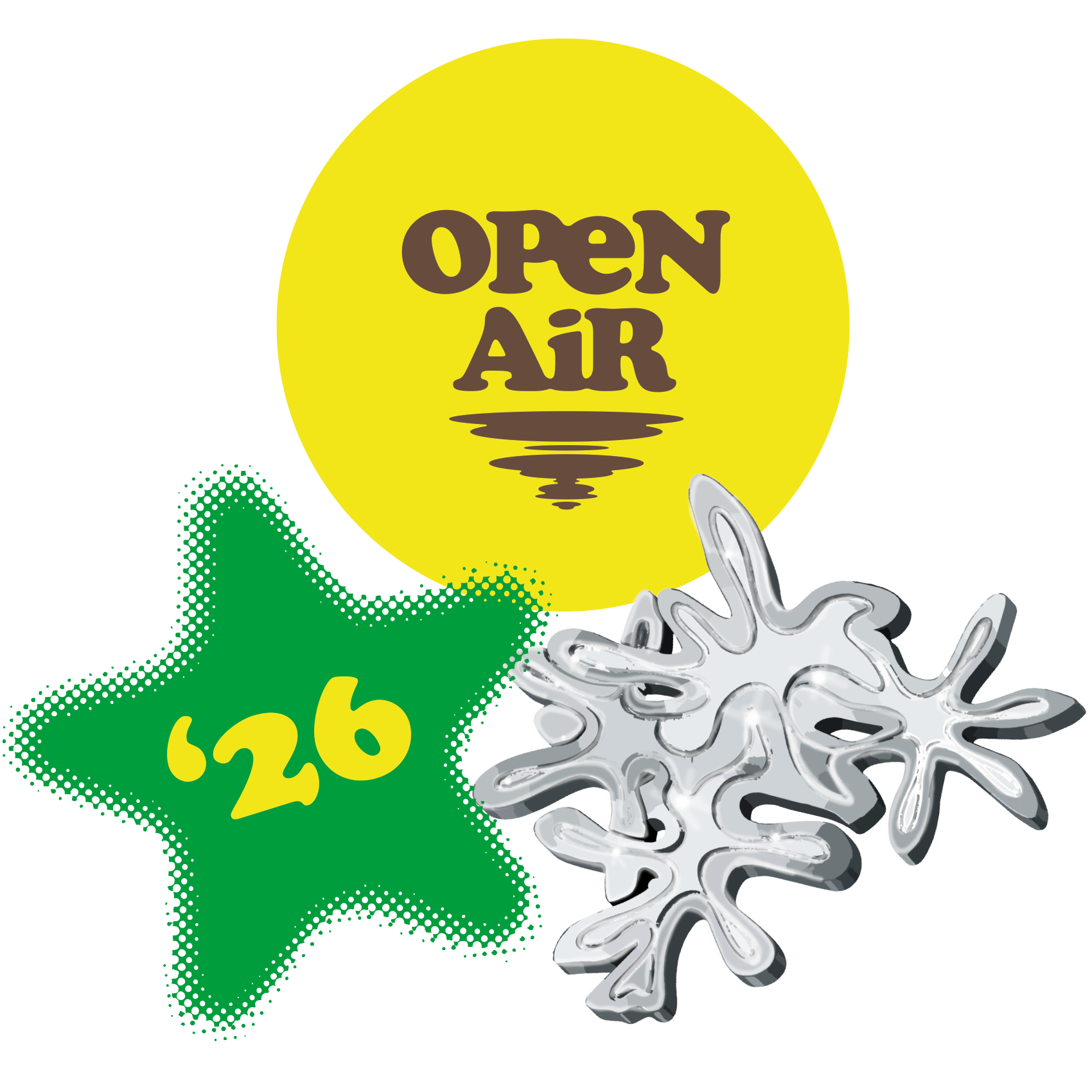 Bunte aufkleber mit einem Open Air-Logo, einem grünen '26-Stern und silbernen abstrakten Formen.