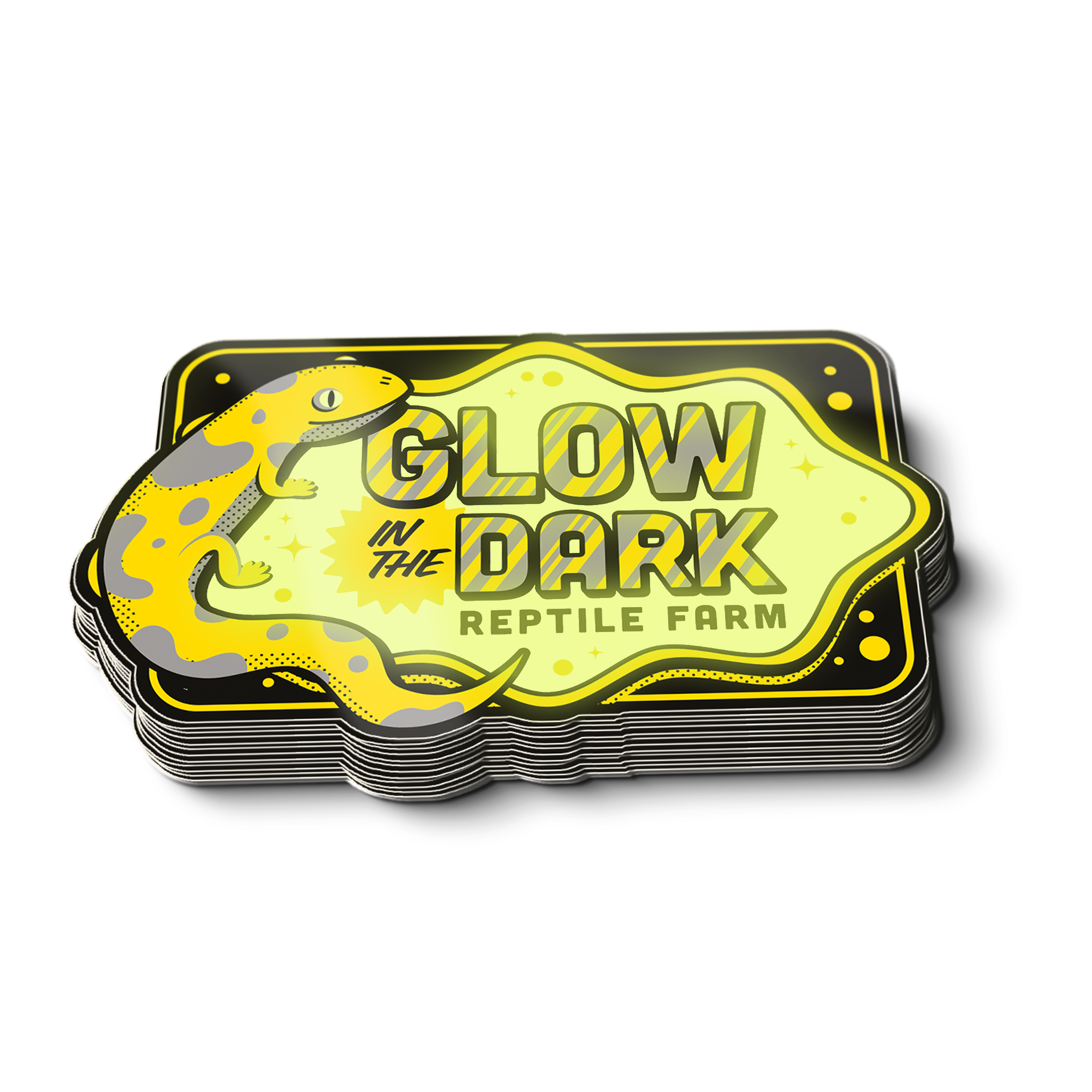Stapel Freiform-Sticker mit gelber Eidechse und dem Text "Glow in the Dark Reptile Farm"