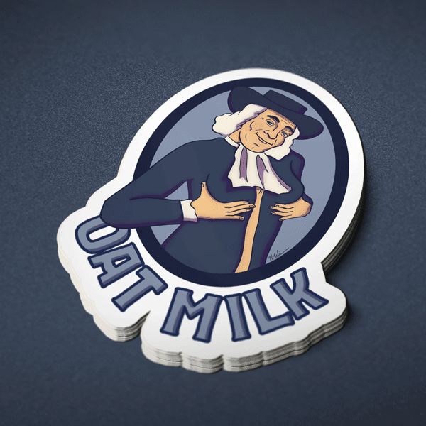Stapel „Oat Milk“-Parodie-Sticker mit einem Mann im Stil einer Haferflocken-Marke, der sich an die Brust greift