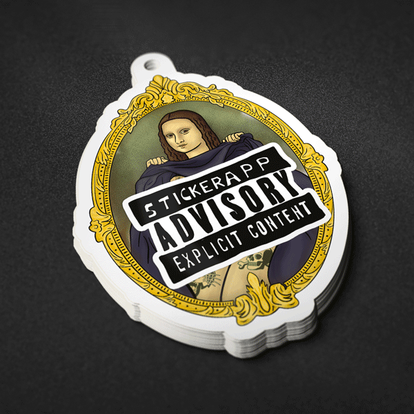 Freiform-Sticker einer Mona-Lisa-Figur in einem verzierten Goldrahmen, verdeckt von einem „StickerApp Advisory Explicit Content“-Label