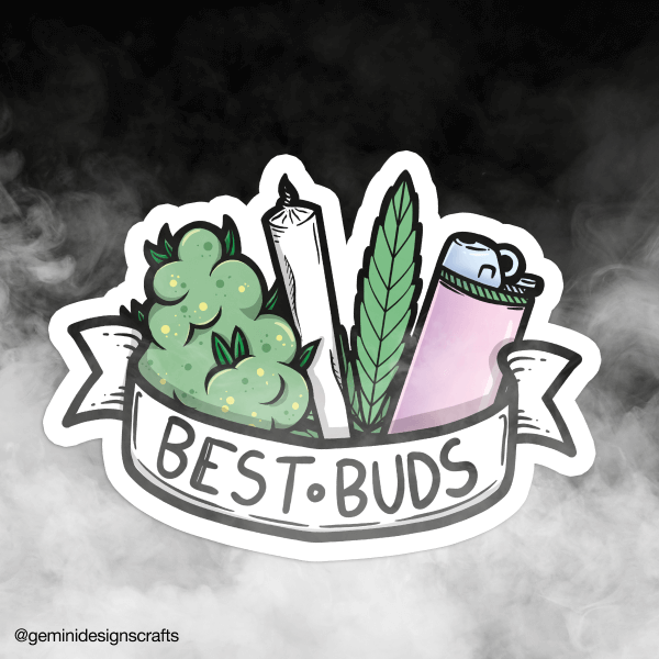 „Best Buds“-Sticker mit Cannabisblüten, Joint, Blatt und Feuerzeug auf einem Banner, von @geminidesignscrafts