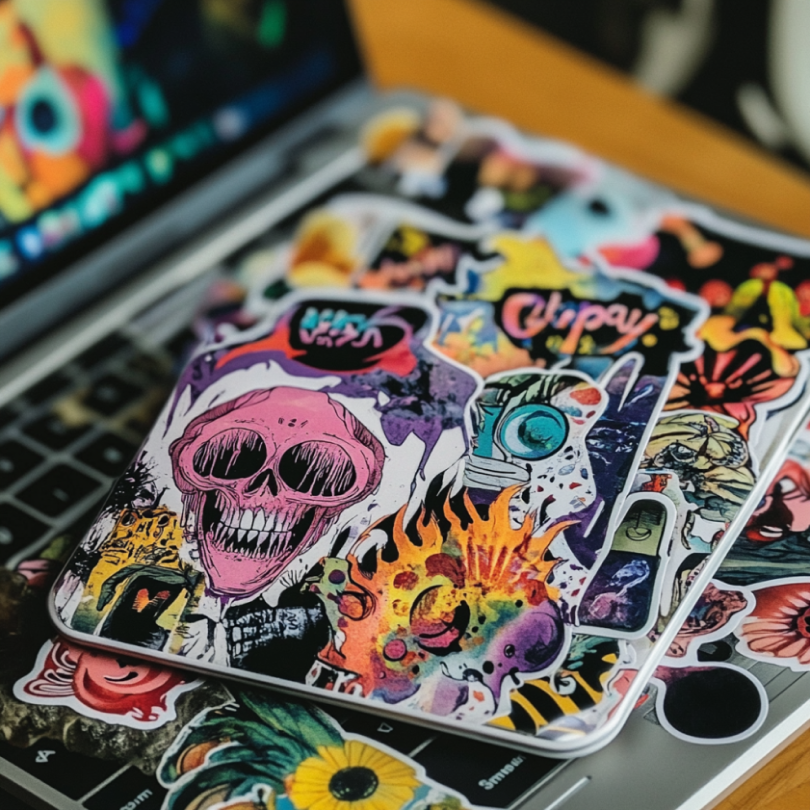 Ein Laptop mit einem Haufen Aufkleber darauf