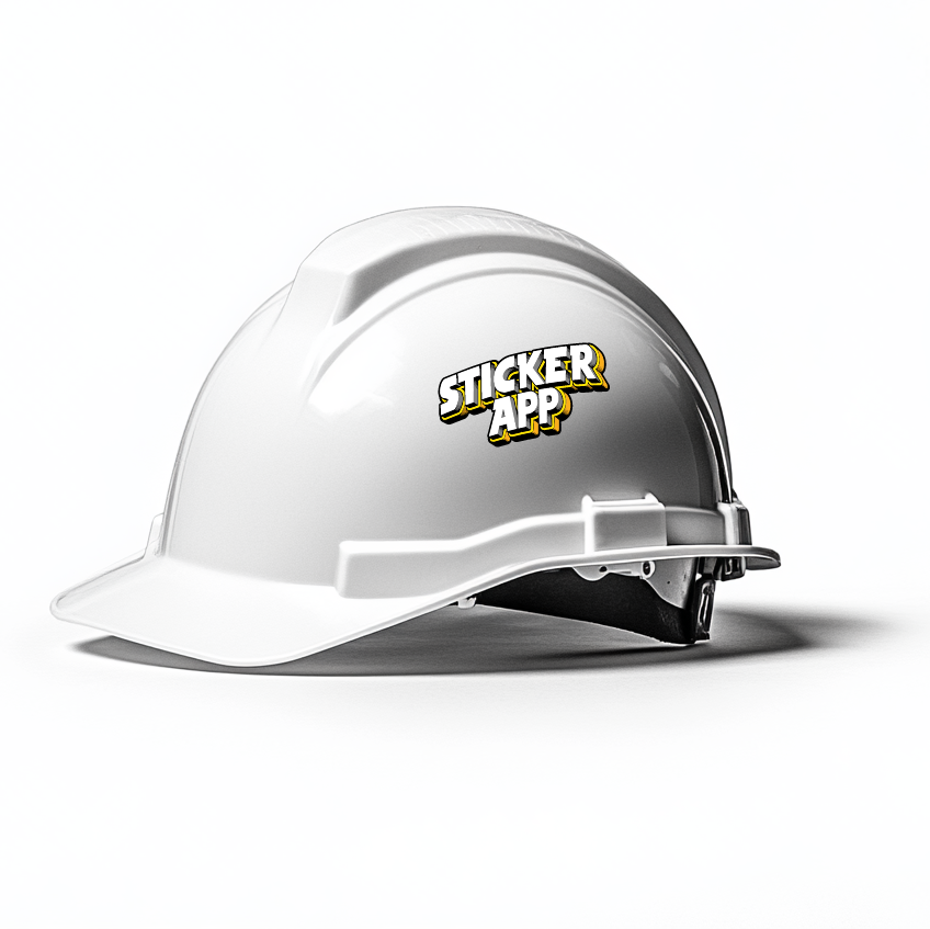 Ein weißer Schutzhelm mit einem Schutzhelmaufkleber mit StickerApp darauf