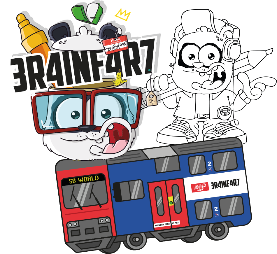 Illustration Brainfart x StickerApp mit dem 3R4INF4R7-Logo, zwei Comicfiguren und einer S-Bahn der S8 World